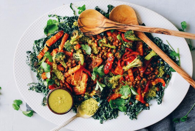 Roasted Vegetables and Lentil Kale Salad, Healthy Living + Travel